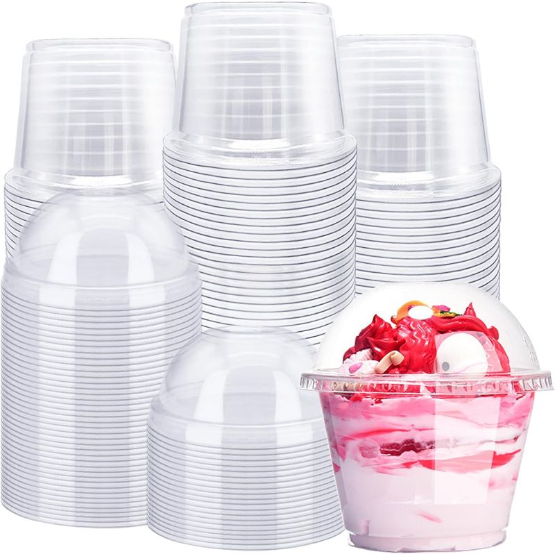 Photo 1 of 100 Pack 8oz Plastic Cups with Dome Lids,PET Crystal Clear Cups,Disposable Dessert Cups for Ice Cream,Fruit,Parfait,Pudding,Yogurt,Jelly
