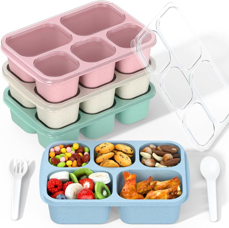 Photo 1 of Bento Box Adult Lunch Box - 4 Pack, 5 - Compartment Meal Prep Container for Kids, Reusable Food Storage Snack Containers - Stackable for School, Work, and Travel (Wheat(Green/Blue/Pink/Beige))
