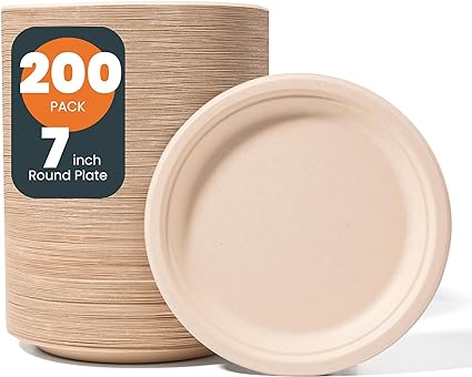 Photo 1 of 100% Compostable Paper Plates, Disposable Dinner Plates, PFAS-Free)-(BPI Certified)-Heavy Duty Eco-Friendly Party Plates, Biodegradable Sugarcane Plates, Natural (200, 7 inch)
