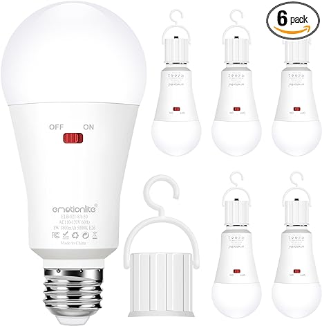 Photo 1 of Emotionlite Rechargeable Emergency Light Bulb,1800mAh Battery Backup for Home Power Failure,Outage Emergency Reading Lighting Camping Hurricane,3 Brightness Dimmable,Neutral White,E26 Base,6 Pack