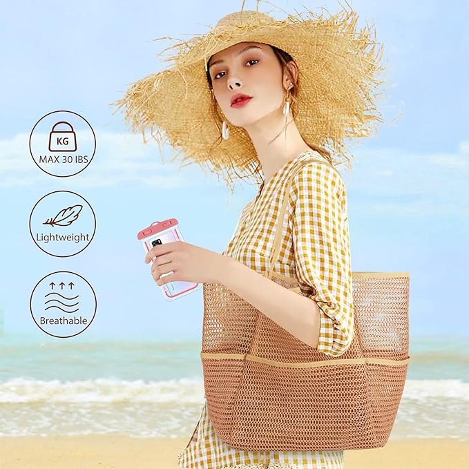 Photo 1 of ZMYGOLON Mesh Beach Tote Bag with 2 Waterproof Phone Pouch, Women Shoulder Handbag Foldable Pool Bag for Travel Essentials