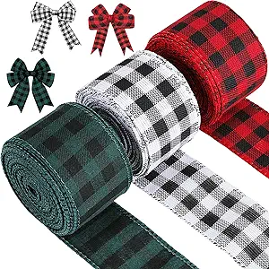Photo 1 of 3 Rolls Christmas Wired Edge Ribbons, 30 Yards x 2 Inch Red Black Plaid Ribbon, Black White Buffalo Plaid Ribbon and Green Craft Ribbon for Christmas DIY Wrapping Wedding Party Bow Craft Making