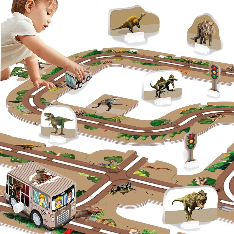 Photo 1 of 48PCS Dinosaur Puzzle Car Track Set with 2 Vehicles, Toddler DIY Puzzle Car Track, Children's Educational Puzzle Toy, Montessori Toys Gift for 3 4 5 6 7 Year Old Boys Girls 