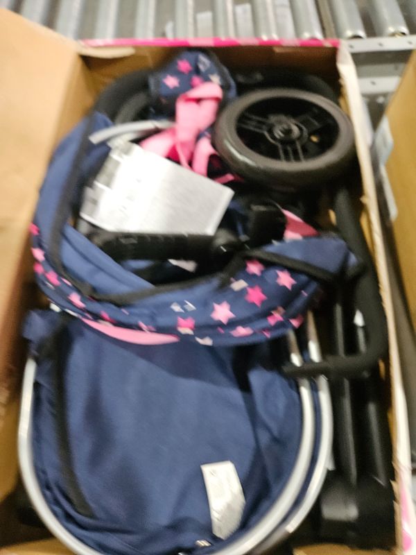 Photo 2 of **MISSING PARTS TO ASSEMBE**NON-FUNCITONAL
Bayer Design Dolls: Pram Xeo - Blue, Pink, Stars - Includes Shoulder Bag, Fits Dolls Up to 18"