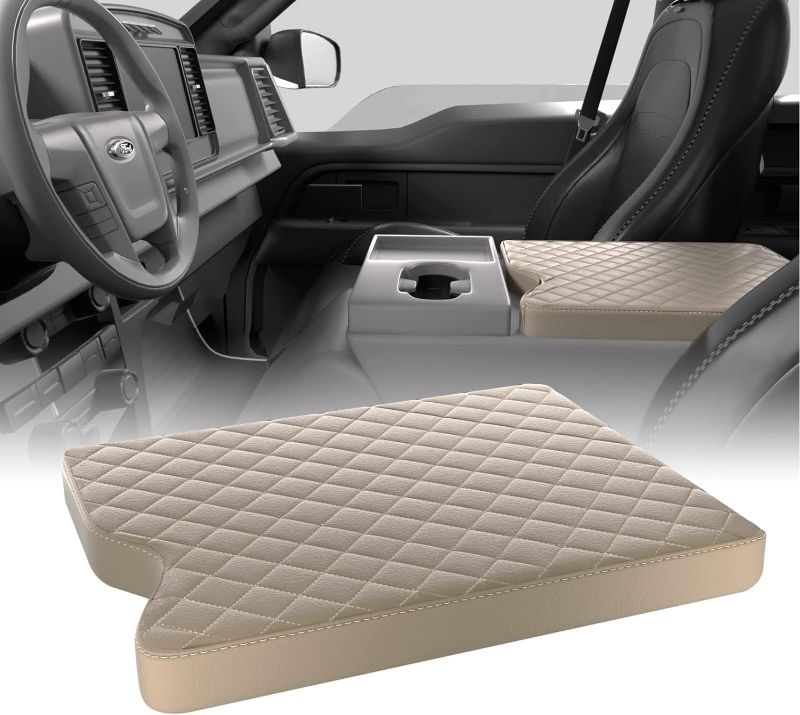 Photo 1 of qzhiren Center Console Cover for 2015-2023 Ford F150, 2017-2023 F250 F350 F450 with 40/20/40 Jump Seat,Leather Armrest Cover Center Console Pad Middle Console Cover Armrest Box Cover(Beige)