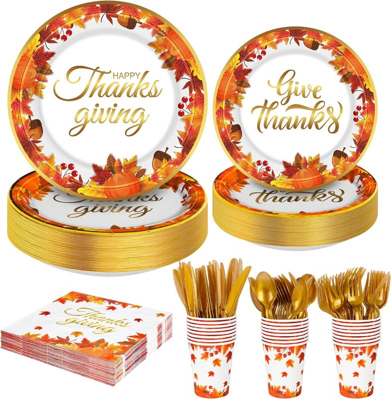 Photo 1 of 175 PCS Thanksgiving Plates Set, Serve 25 Guests Disposable Thanksgiving Plates Set, 7'' and 9'' Thanksgiving Paper Plates, 9 OZ Cups Napkins Cutlery, Thanksgiving Dinnerware Set Table Party Supplies