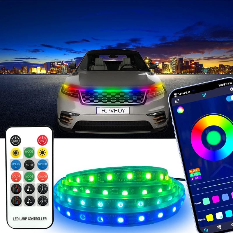 Photo 1 of FCPVHOY Car Hood Strip Lights 60 Inches Music Sync Flexible LED Car Dream Color Chasing LED Strip Lights,APP and Remote Control Waterproof Daytime Running Light for Cars, SUVs,Trucks…