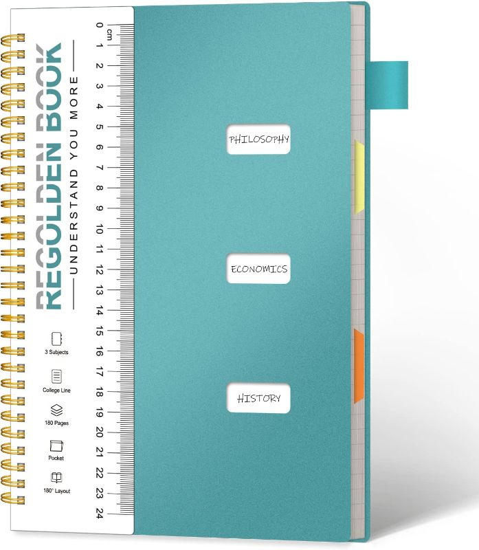 Photo 1 of Regolden-Book 3 Subject Spiral Notebook College Ruled with Dividers Tabs Pocket, Multi Subject Spiral Lined Journals for School Home & Office, 180 Pages, 7x10, Teal 3 Subject B5 Teal