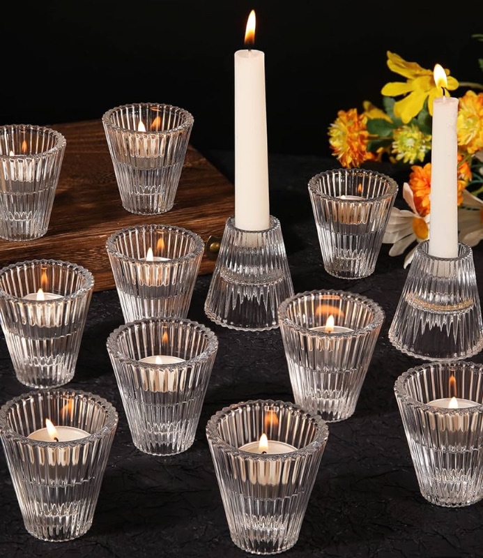 Photo 1 of 12pcs Ribbed Votive Candle Holders Glass Bulk, 2 in 1 Clear Tea Light Candle Holder 