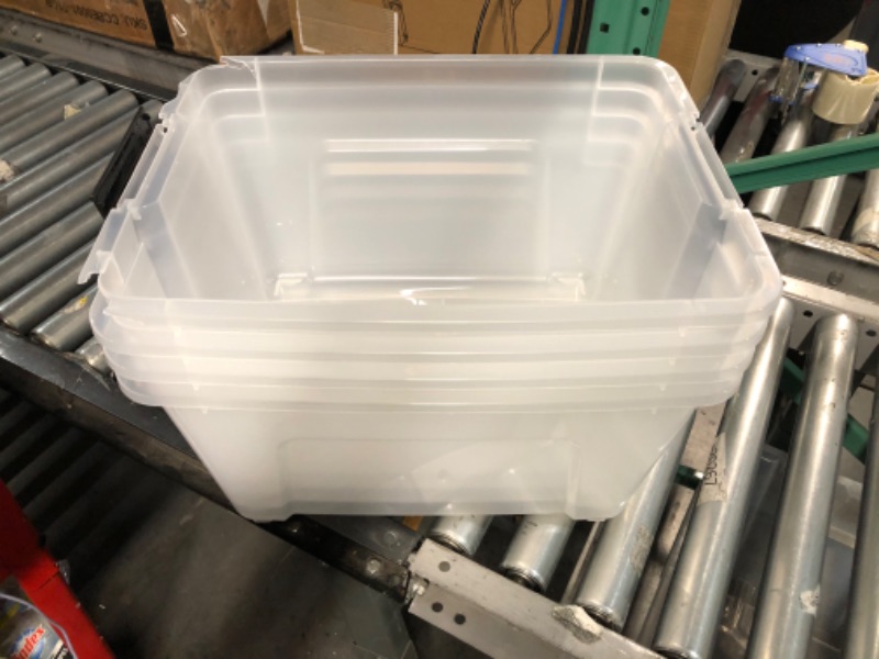 Photo 2 of **DAMAGE**
IRIS USA 32 Qt. Plastic Storage Bin Tote Organizing Container with Durable Lid and Secure Latching Buckles, Stackable and Nestable, 6 Pack, Crystal Clear 32 Qt. - 6 Pack, Crystal Clear