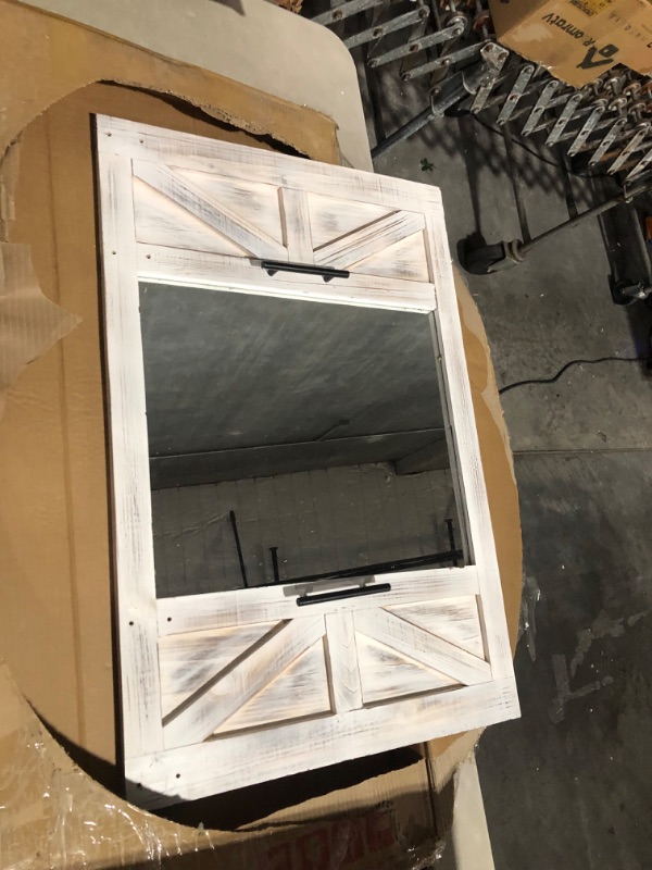 Photo 2 of ***USED - BARN DOOR HARDWARE NOT INCLUDED***
Farmhouse Barn Door Mirror - 37" x 26"  Wood Framed Mirror Wall Decor White