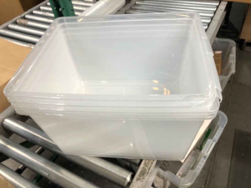 Photo 5 of **DAMAGE**
IRIS USA 24.5 Qt. Plastic Storage Container Bin with Latching Lid, Stackable Nestable Box Tote Closet Organization School Art Supplies - Clear, 4 Pack j) 24.5 Qt. - 4 Pack