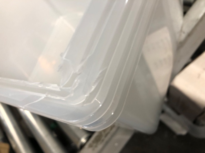 Photo 2 of **DAMAGE**
IRIS USA 24.5 Qt. Plastic Storage Container Bin with Latching Lid, Stackable Nestable Box Tote Closet Organization School Art Supplies - Clear, 4 Pack j) 24.5 Qt. - 4 Pack