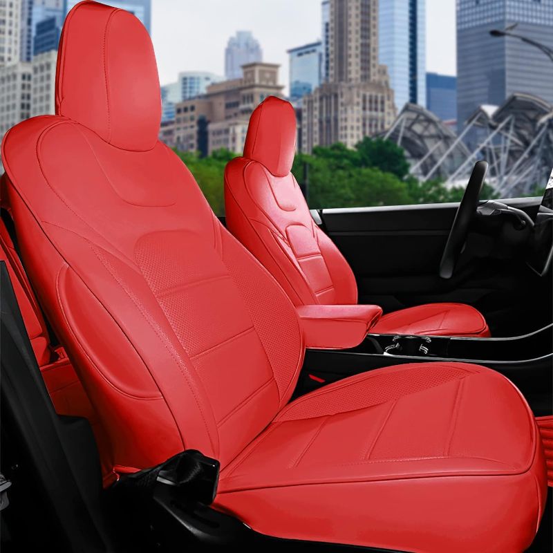 Photo 1 of (READ FULL POST) RuiYue Carry Fit Tesla Model Y Car Seat Cover, Nappa Leather Seats Protector, Half Surround Customized Interior Accessories for 2019 2020 2021 2022 2023 (Red) Pure Red Model Y ( Half Surround )