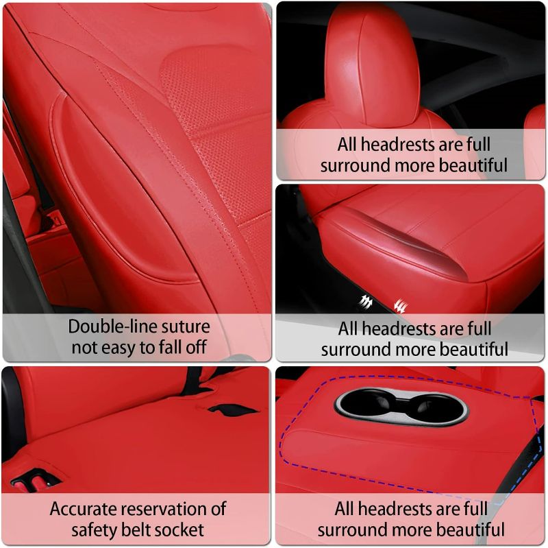 Photo 7 of (READ FULL POST) RuiYue Carry Fit Tesla Model Y Car Seat Cover, Nappa Leather Seats Protector, Half Surround Customized Interior Accessories for 2019 2020 2021 2022 2023 (Red) Pure Red Model Y ( Half Surround )