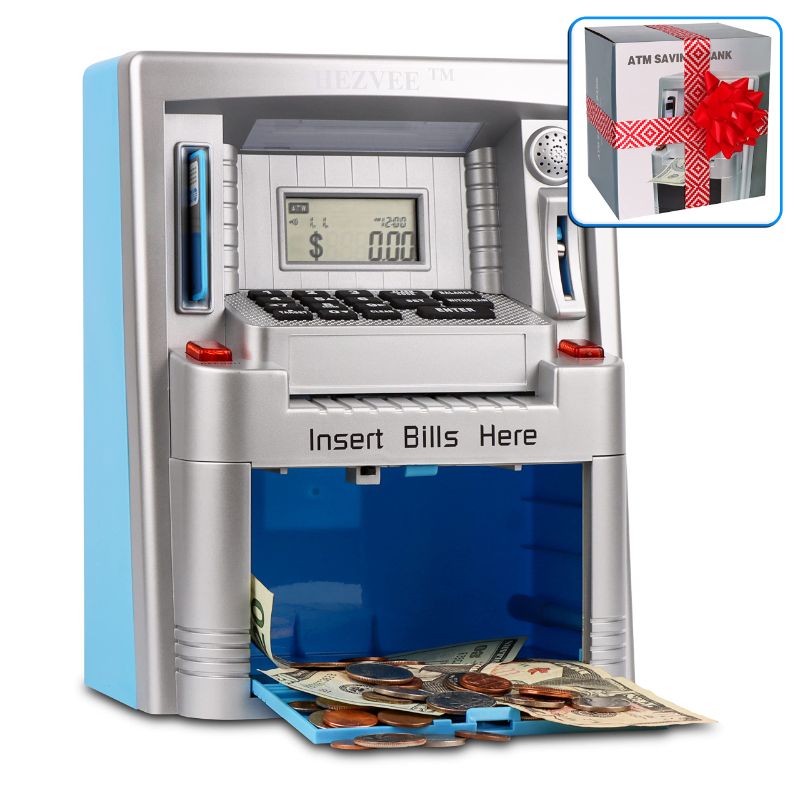 Photo 1 of ATM Piggy Bank for Real Money-Teaching Financial Responsibility to Kids (Silver and Blue)