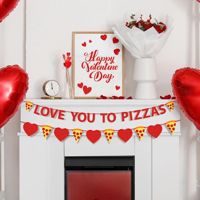Photo 1 of  2 Pcs Valentine's Day Love You to Pizzas Banner Pizza Heart Garland Pizza Party Decorations Supplies for Anniversary Wedding Baby Bridal Shower