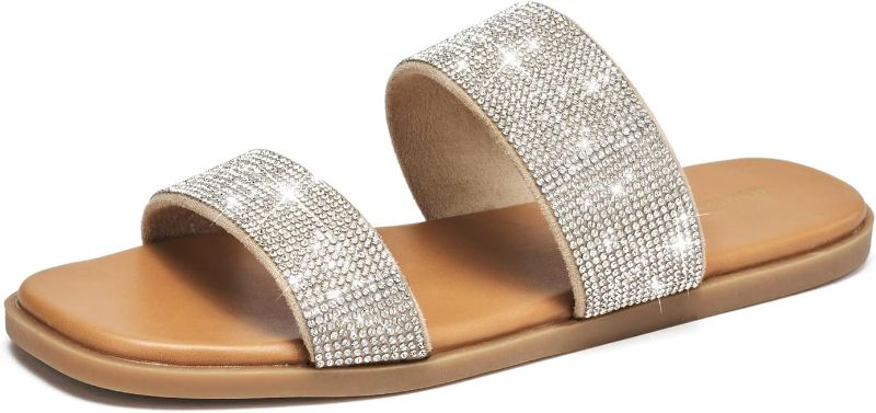 Photo 1 of CentroPoint Women's Bling Rhinestone Two Band Flat Sandals Open Toe Slip On Summer Slides (8.5)