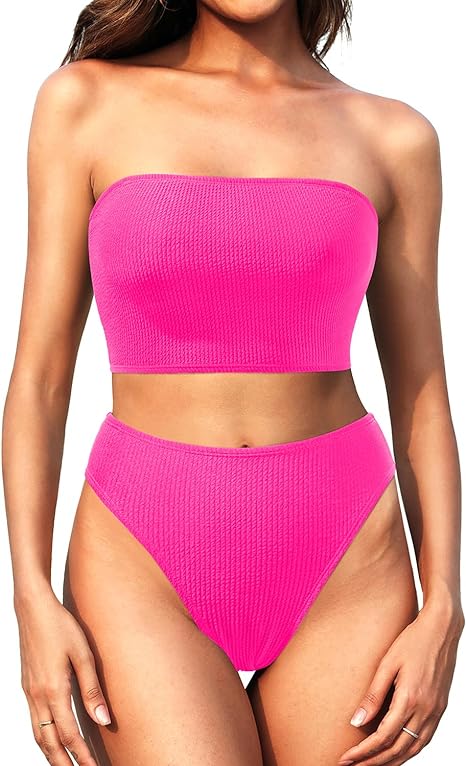 Photo 1 of Holipick Women Two Piece High Waisted Bikini Sets Tummy Control Strapless Swimsuit Ribbed Crop top with Cheeky Bottom (small, pink)