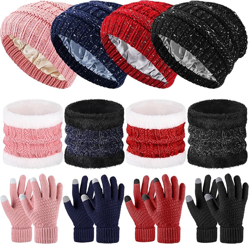 Photo 1 of 12 Pcs Women Hats Gloves Scarf Set Knitted Winter Satin Lined Beanie Hats Touch Screen Gloves Neck Warmer with Fleece Lined 3 in 1 Winter Set