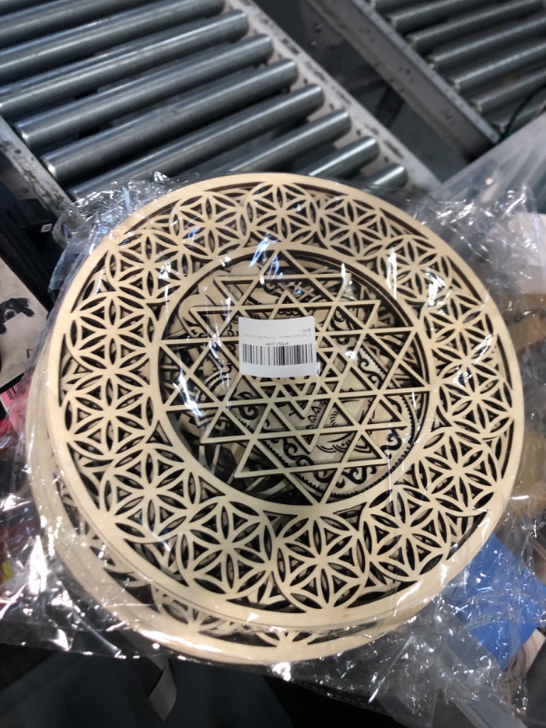 Photo 2 of 12" Meditation Accessories Wooden Wall Art 4 Pieces Sacred Geometry Seven Chakras Artwork Crystal Grid Board(Flower of Life,Hamsa Hand,Sri Yantra,Union Sun Moon)Home Decor for Yoga Spiritual Gifts 12''x12''x0.2'' artwork 03