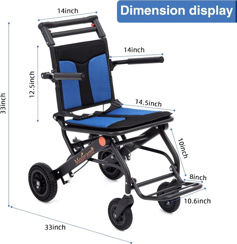 Photo 4 of (READ FULL POST) Portable Aluminum Transport Wheelchair with Handbrake, 8" Rear Wheels, Small Compact Wheelchair, Ultralight Folding Travel Wheelchair for Adults & Kids, Black (Seat Width:15.75")
