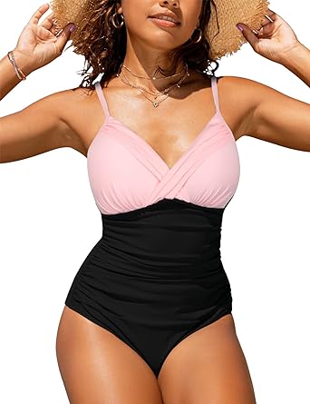 Photo 1 of Front Cross One Piece Swimsuit V Neck Tummy Control Bathing Suit Slimming Swimwear for Women - Medium