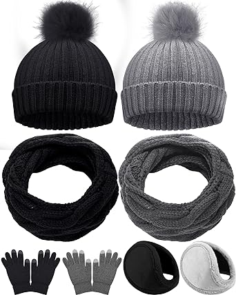 Photo 1 of 8 Pcs Winter Warm Sets Knitted Scarf Beanie Pompom Hat Touch Screen Gloves Ear Neck Scarf Skull Caps