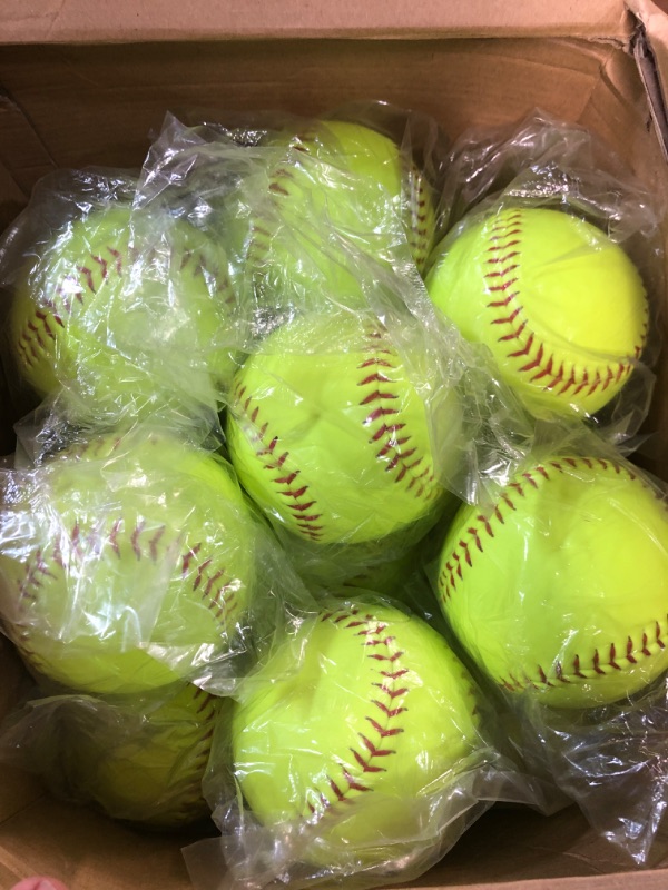 Photo 2 of Lewtemi 24 Pack Yellow Practice Softballs Official Size and Weight Slowpitch Softball Sports Unmarked Leather Covered Youth Fastpitch Softball Ball Training Ball for Games Practice 11 Inch