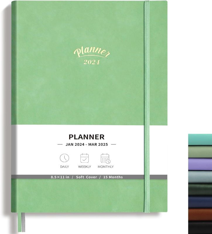 Photo 1 of RETTACY 2024 Planner - 2024 Planner 8.5 x 11, Monthly Planner 2024, 2024 Calendar 12 Month Planner, Jan 2024 - Mar 2025, 100 GSM Premium Acid-Free Paper, Leather Softcover (Light Green)
