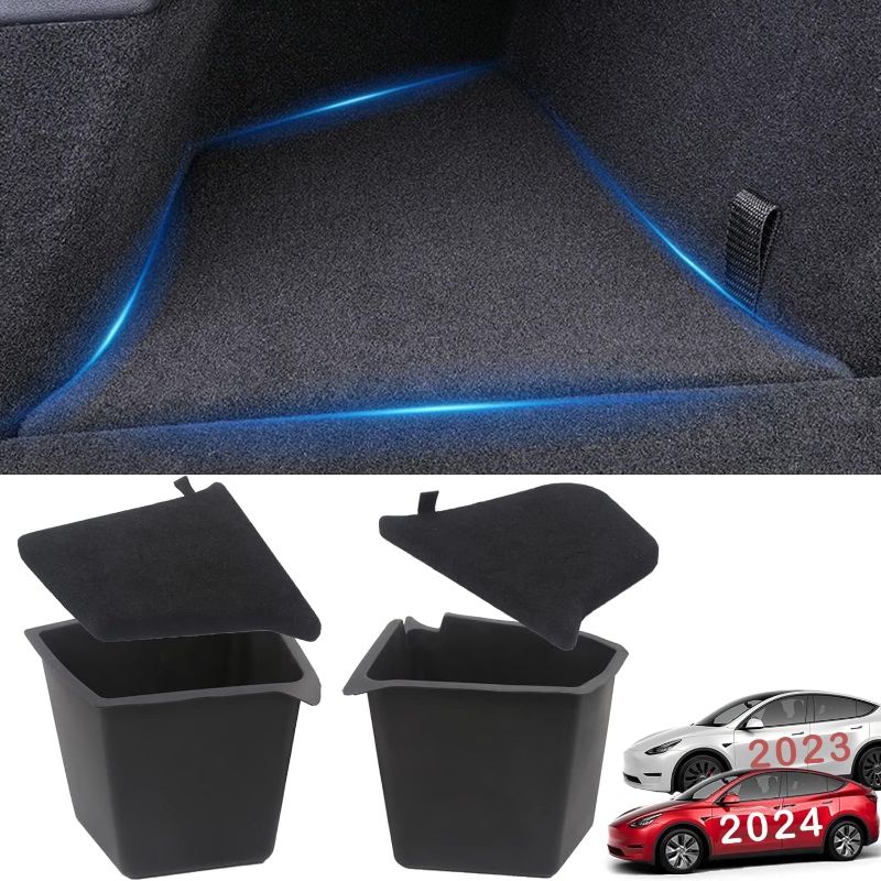 Photo 1 of 2022 2023 2024 Tesla Model Y Rear Trunk Organizer, Side Storage Box with Lids, Trunk Side Storage Bins Box Protector Packets 5-Seater Model Y Accessories