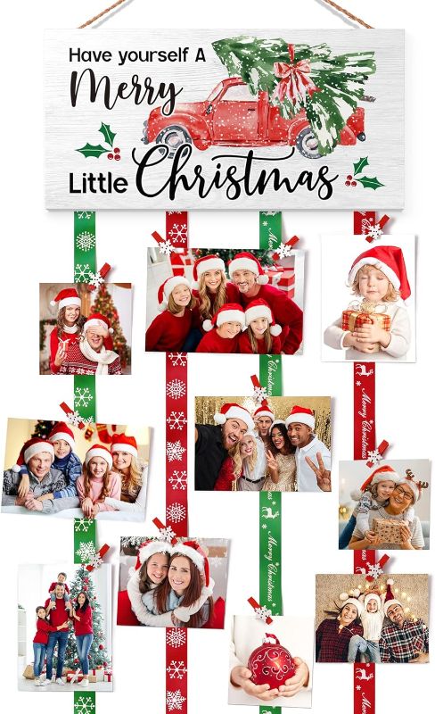 Photo 1 of  Christmas Card Holder, Wall Hanging Picture Display Wooden Christmas Card Display Holder with 30 Photo Clips Photo Holders Picture Collage Farmhouse Wall Decor for Holiday Home Living Room