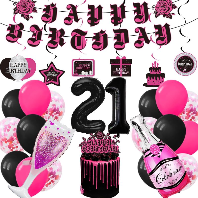 Photo 1 of 21st Birthday Decorations for Her - 21st Birthday Decorations for Women 21st Birthday Decorations 21st Happy Birthday Banner Hanging Swirls Kits Balloons Decoration for Her