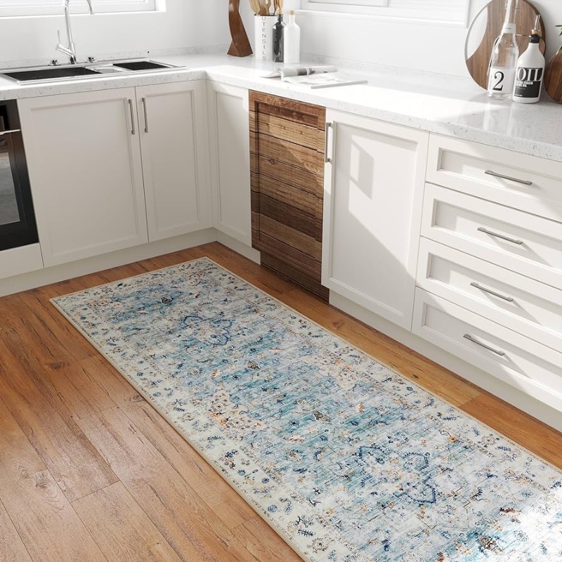 Photo 1 of  2x8 Blue Runner Rug Washable Non Slip Soft Kitchen Rug 