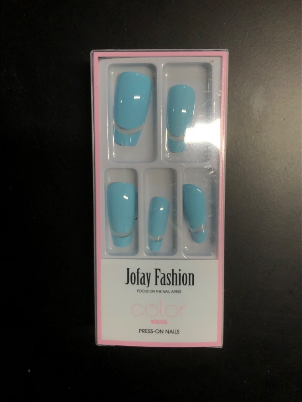 Photo 4 of Press on Nails Medium Coffin, Clear Blue Soft Gel French Fake Nails