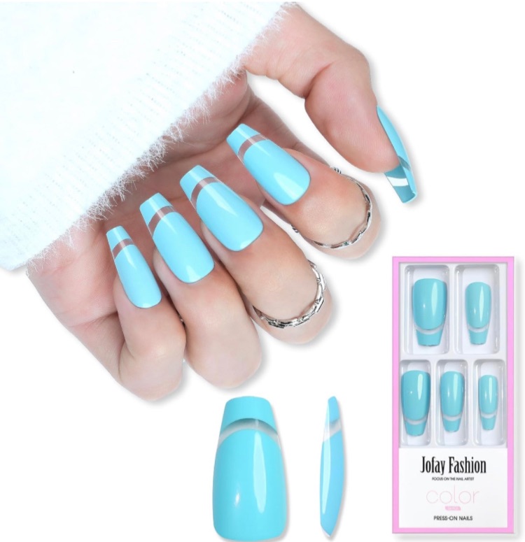 Photo 1 of Press on Nails Medium Coffin, Clear Blue Soft Gel French Fake Nails