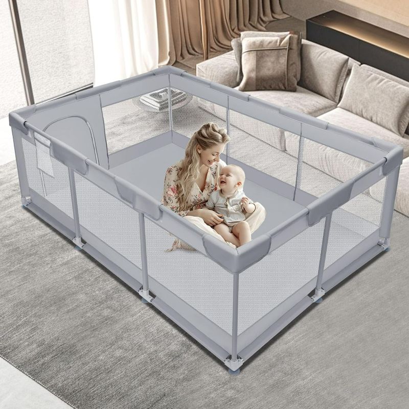 Photo 1 of (READ FULL POST) Baby Playpen 74x50 Inch, Playpen for Babies and Toddlers, Play Pen Indoor & Outdoor Active Center, Sturdy Safety Playard with Anti Slip Suction Cups, Skin-Friendly Fabric, Large Space Baby Fence