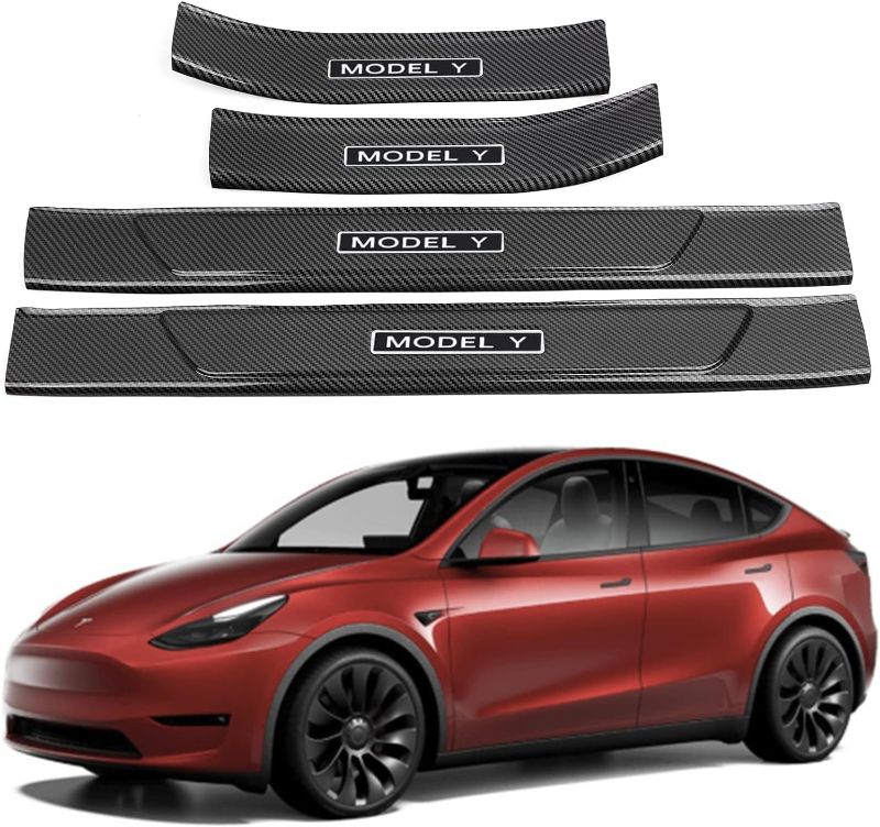 Photo 1 of for Tesla Model 3 Door Sill Protector, 4-Piece ABS Glossy Carbon Fiber Door Entry Protector Strips for Tesla Model 3 Accessories, Outer Side ID020-C-O Model 3 Glossy Carbon Fiber-Doorsill Outer