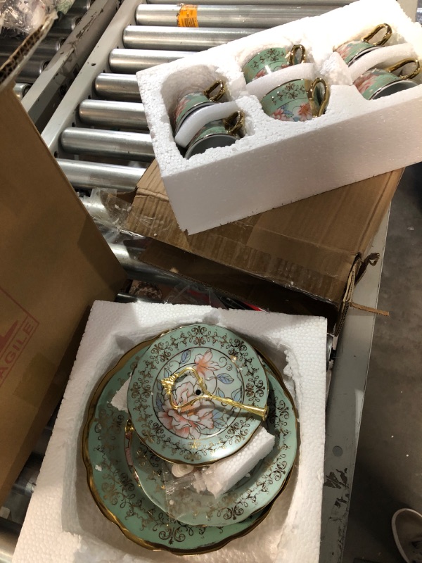 Photo 2 of ***USED - SCUFFED/SCRATCHED - LIKELY MISSING PARTS - UNABLE TO VERIFY FUNCTIONALITY***
Maxcheck 21 Pcs Ceramics Tea Set with Metal Holder and 3 Tier Ceramic Cake Stand (Green)