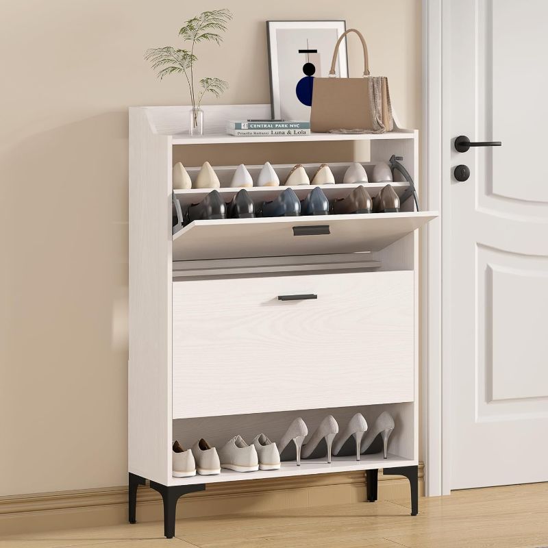 Photo 1 of ***USED - LIKELY MISSING PARTS - UNABLE TO VERIFY FUNCTIONALITY***
Gadroad Shoe Cabinet, Tipping Shoe Cabinet with 2 Flip Drawers, Modern Slim Shoe Organizer, Narrow Shoe Rack for Living Room Entryway 9.45D x 29.53W x 43.3H(Beige)