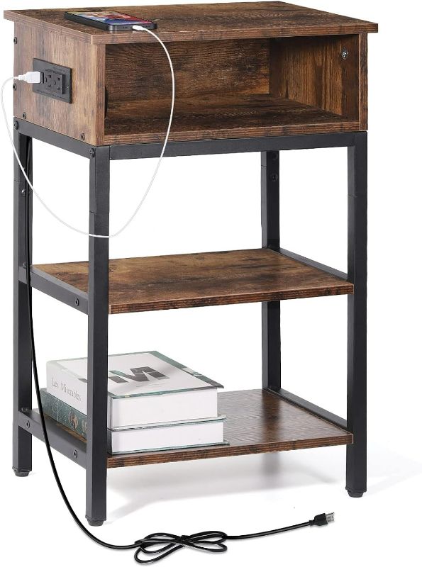 Photo 1 of ***USED - LIKELY MISSING PARTS - UNABLE TO VERIFY FUNCTIONALITY***
ABQ Nightstand with Charging Station, Narrow Side Table with Drawer and USB Ports & Power Outlets, End Table 3- Tier for Small Spaces, Living Room, Bedroom 15.75"L x 11.42"W x 24.8"H