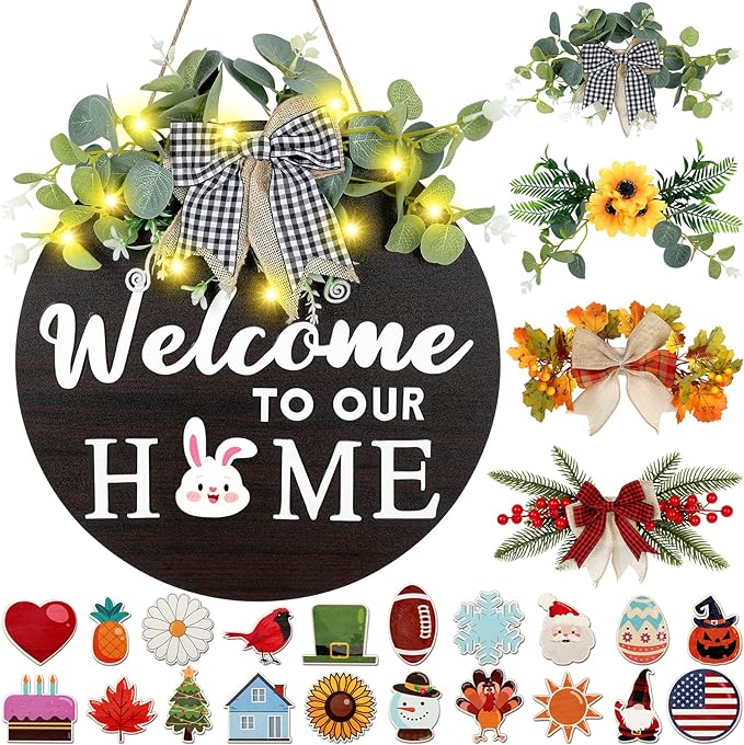 Photo 1 of ***STOCK PHOTO FOR REFERNCE ONLY*** EgticLive Interchangeable Welcome Sign for Front Door, Farmhouse Front Door Signs with 4 Seasonal Wreaths and 21 Changeable Icons for House Door Porch Decor