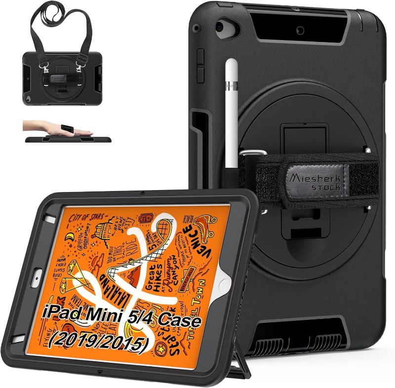 Photo 1 of Case for iPad Mini 5/4: Military Grade TPU Shockproof Cover for iPad Mini 5th/4th Generation 7.9 Inch 2019/2015 W/Stand- Handle- Shoulder Strap- Pencil Holder- Black
