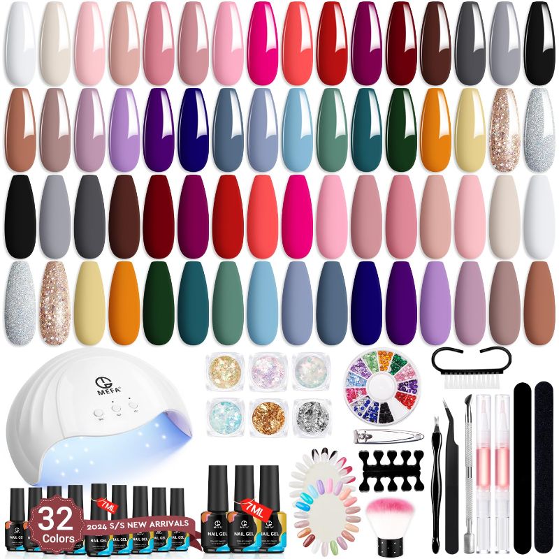 Photo 1 of (READ FULL POST) MEFA Gel Nail Polish Kit with U V Light 56 Pcs, 32 Colors Classic Collection Nude Pink Gel Nail Polish Set with Base and Matte/Glossy Top Coat Nail Art Decorations Manicure Tools DIY Salon Home Gifts