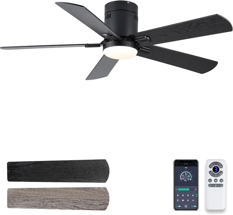 Photo 1 of ***USED - LIKELY MISSING PARTS - UNABLE TO VERIFY FUNCTIONALITY***
Flush Mount Ceiling Fan with Lights, 52’’ Black Ceiling Fan with Light, 3 Color Temperatures, 6 Fan Speeds, Timer Remote, Silent Reversible DC Motor, for Patio, Farmhouse, Bedroom… 52-Inch