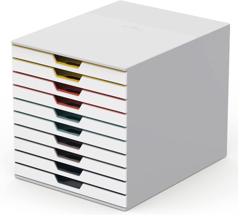 Photo 1 of DURABLE Desktop Drawer Organizer (VARICOLOR Mix 10 Compartments with Removable Labels) 11" w x 14" d x 11.375" h, White & Multicolored (763027) 10-Drawer
