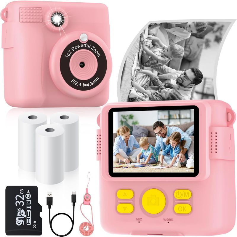 Photo 1 of Instant Print Camera for Kids with 3 Rolls of Printer Paper, 1080P Toddler Digital Camera Toys (Pink)
