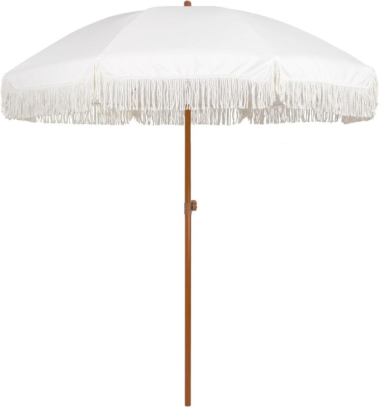 Photo 1 of **MINOR DAMAGE PREV USED DIRTY**
AMMSUN 7ft Patio Umbrella with Fringe Outdoor Yard Umbrella UPF50+ Wood Color Steel 