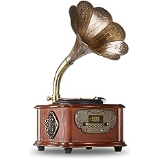 Photo 4 of LuguLake Record Player Retro Turntable All in One Vintage Phonograph Nostalgic Gramophone for LP with Copper Horn, Built-in Speaker 3.5mm Aux-in/USB