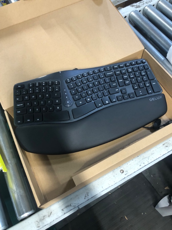 Photo 1 of DeLUX Wired Ergonomic Split Keyboard with Wrist Rest, [Standard Ergo] Keyboard Series with 2 USB Passthrough (GM901U-Black)